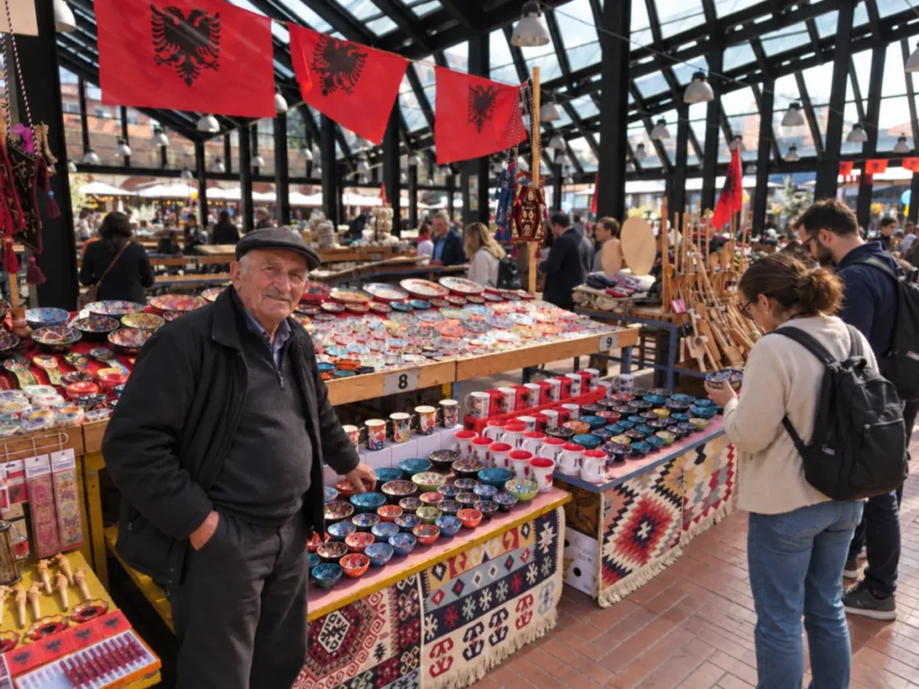 Vendor beside stalls of hand-painted ceramic bowls, mugs and woven kilim rugs under Albanian flags at Pazari i Ri market hall in Tirana